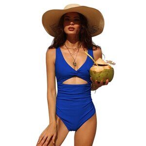 Charmo Womens Blue V Neck Ruched Cut Out One-Piece Swimsuit XS UPF 50+ Vacation